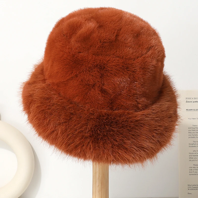 Große Faux Pelz Eimer Hut für Frauen Dicke Plüsch Warme Schöne Flauschigen Winter Hut Dame Luxus Mode Pelzigen Panama Fischer Kappe – Detail 21