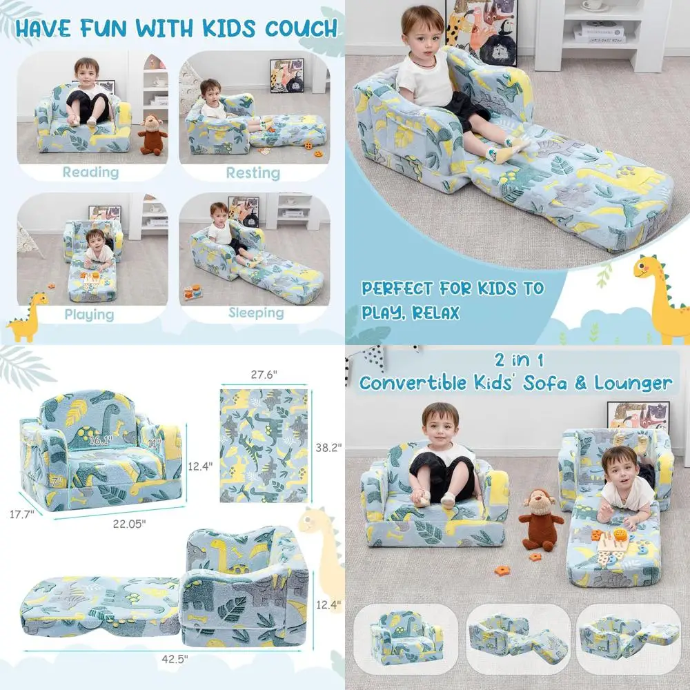 

Convertible Toddler Couch with Blanket, Unisex Plush Sofa for Playroom, Glowing Dinosaur Design