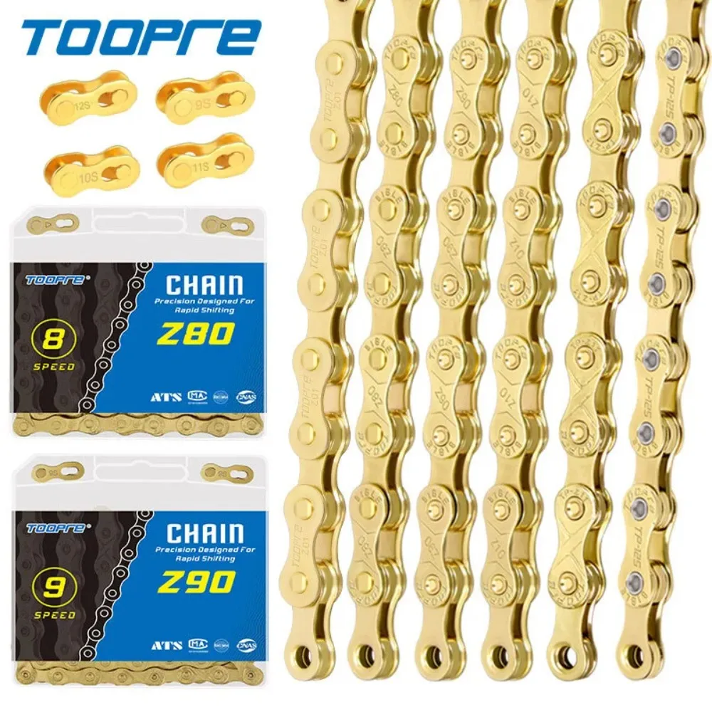 

TOOPRE Велосипедная цепь 6, 7, 8, 9, 10, 11, 12 скоростей, MTB, шоссейный велосипед, углеродистая сталь, золотая цепь с переменной скоростью, полное покрытие, антикоррозийная 116L