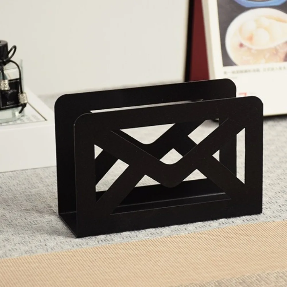 Mail Organizer Envelope Design Metal Tissue Holder Black Square Letter Holder Iron Hollow Out Tissue Storage Box Home