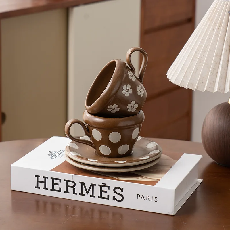 Retro Rough Pottery Coffee Cup Saucer Set Japanese Style Latte Art Cup for Home Office Afternoon Tea High Aesthetic Look