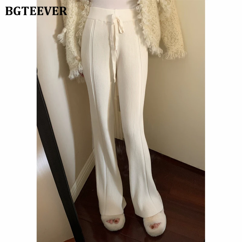 BGTEEVER Autumn Winter Floor-Length Women Wide Leg Knitted Pants Casual High Waist Lace-up Women Solid Straight Sweater Trousers