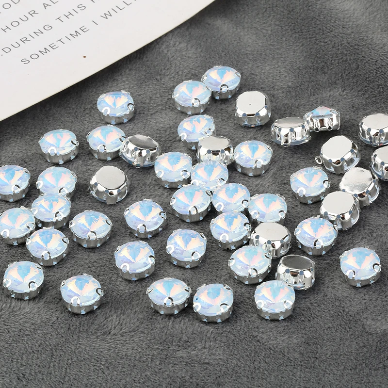 PEESOM  50PCS Rivoli Sew On Crystal Strass Jelly Opal Color Glass Stone With Sliver Claw Round Rhinestone for Sewing Needlework