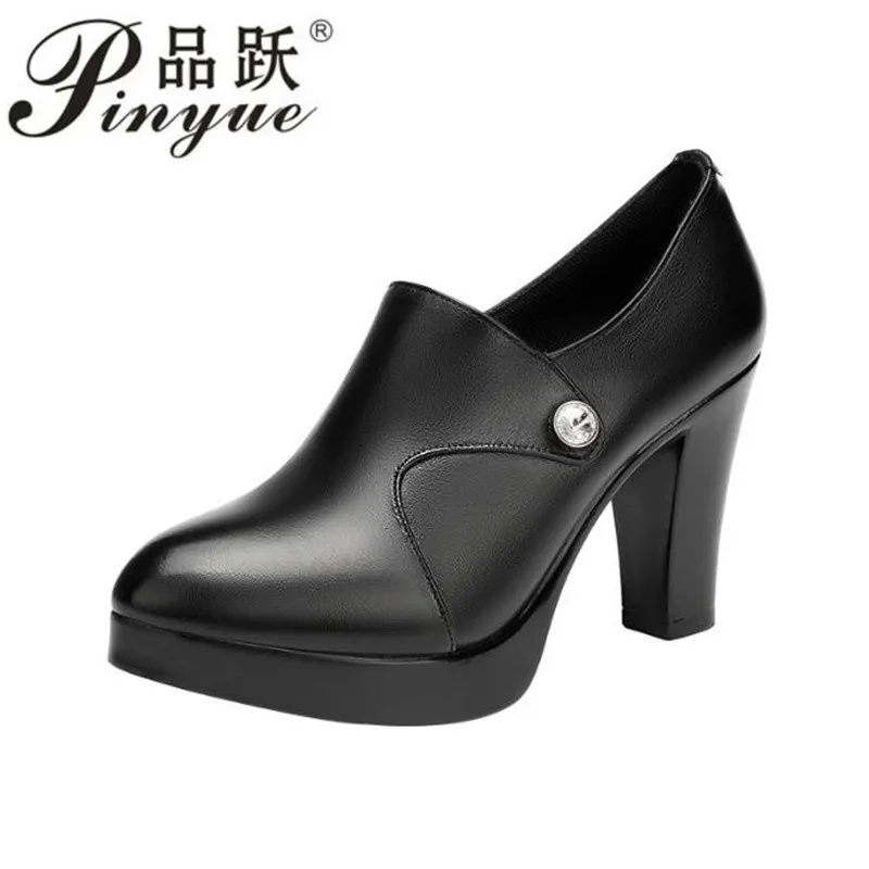 9cm Elegant Deep Mouth Genuine Leather Shoes Thick Bottom Platform Pumps Fall Block Career party High Heels Shoes 32 43