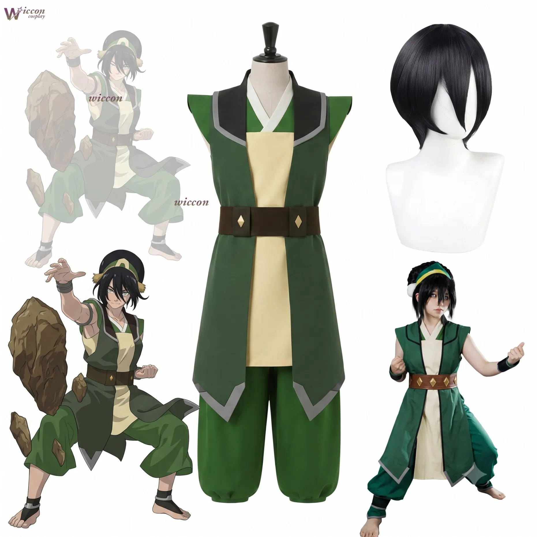 The Last Cos Airbender Toph Beifong Cosplay Costume Full Set with Gloves Bracers Wig Hat Anime Earthbender Battle Outfit view 2