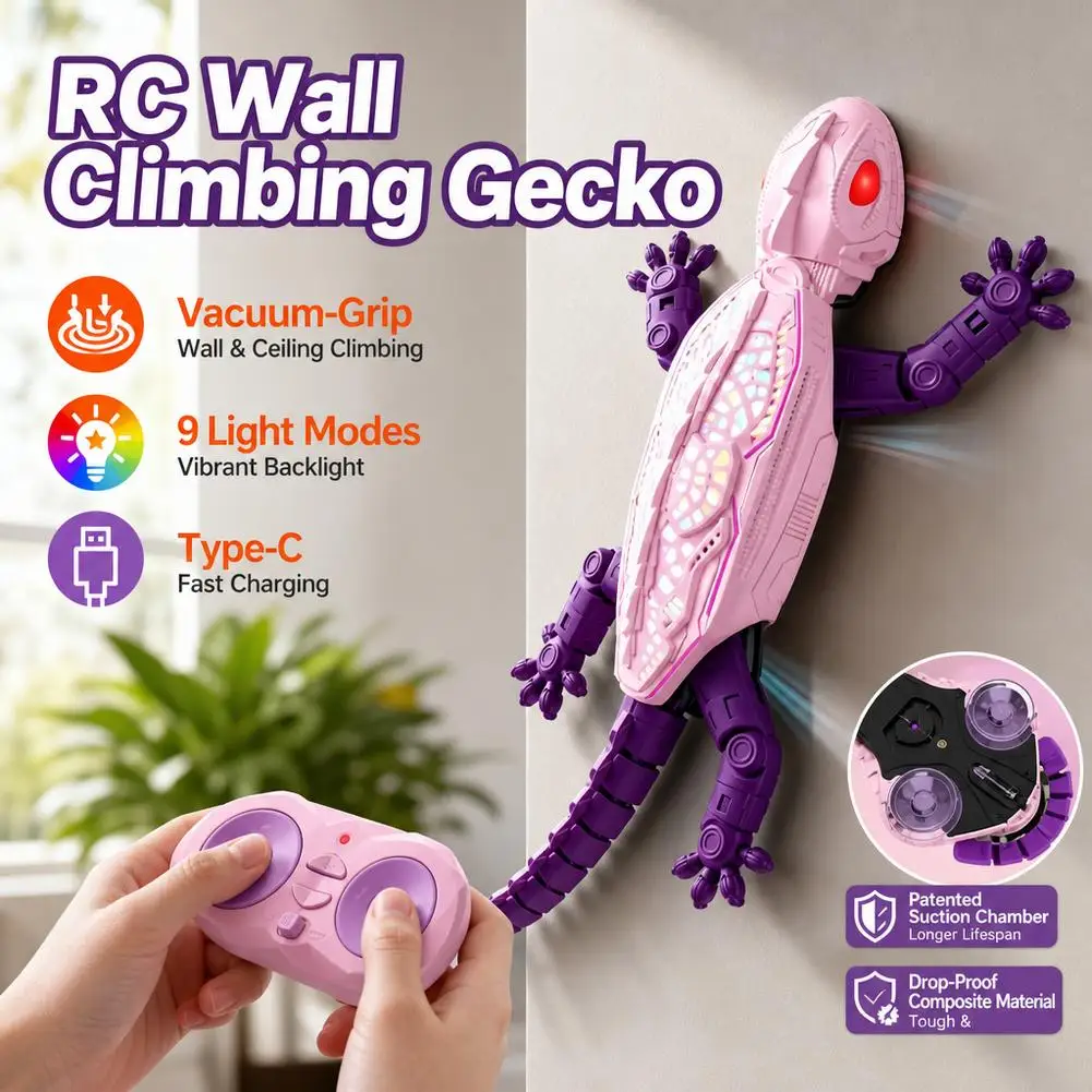 RC Electric Gecko Toy Features Colorful Lights, Wall-Climbing Capability, and 360° Rotation—A Creative Gift for Kids