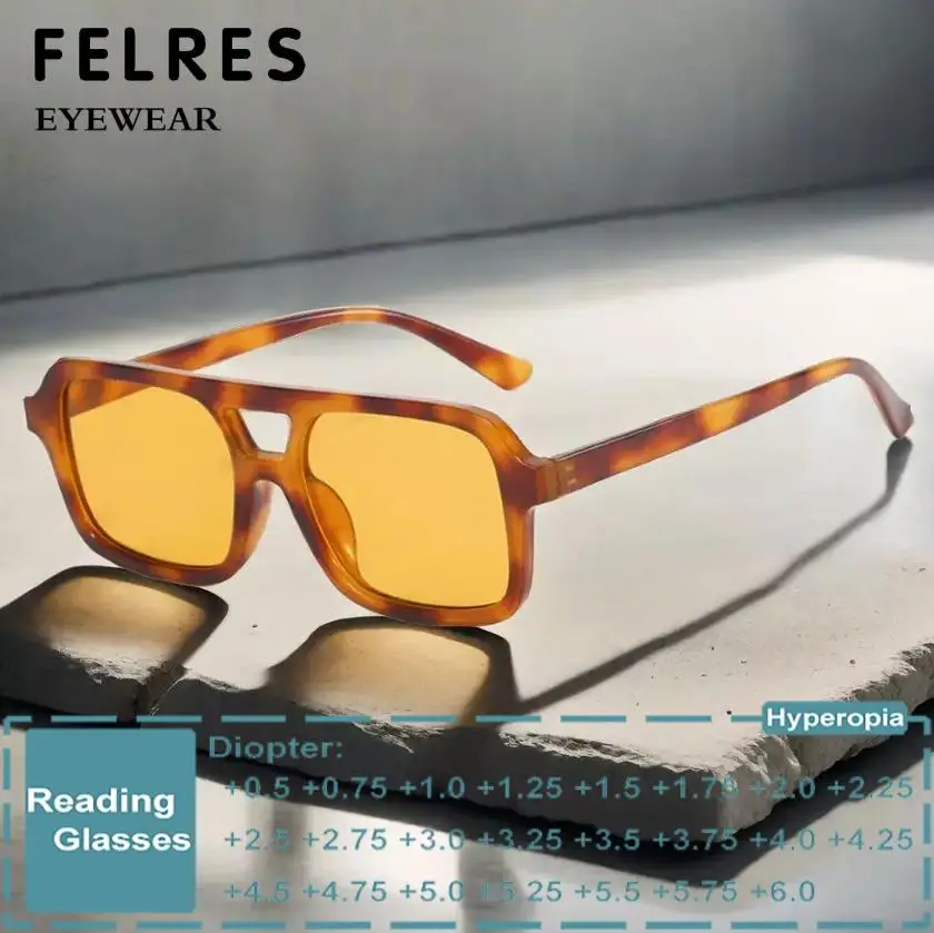 Yellow Lens Square Reading Glasses Men Double Bridge Finished Presbyopic Glasses Women Outdoor Shade Readers Sunglasses+0.5 1.25