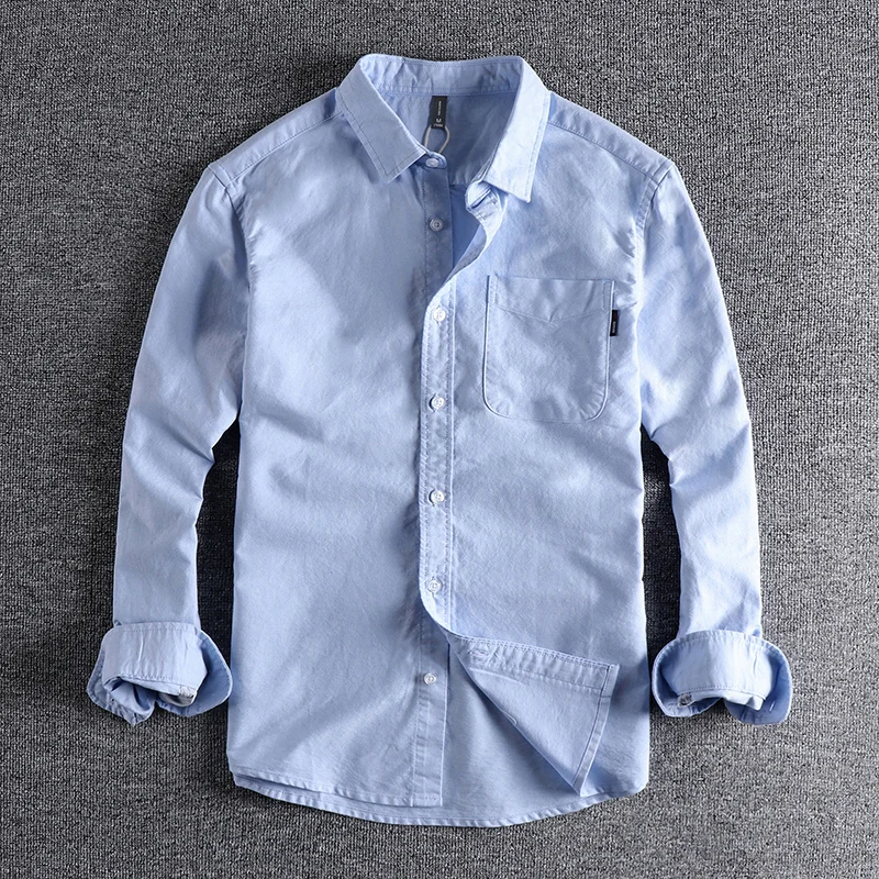 

Trendy Oxford Cloth Long Sleeve Men's Shirt Japanese Style Patchwork Cotton Breathable Youthful Spring Fashion Button up