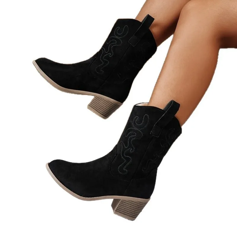 Femmes bottes 2025 nouveau Cowboy rétro en cuir bottines confortable brodé 2025 automne Sexy haute bottes courtes Botas Mujer