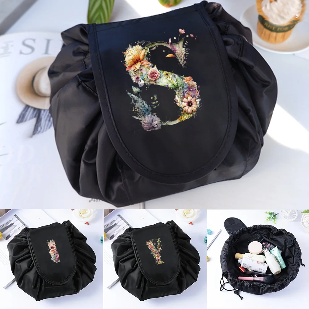 Women Drawstring Cosmetic Bag Organizer Travel Toiletry Storage Shoulder Bag MakeUp Pouch Large Capacity Floral Letter Series