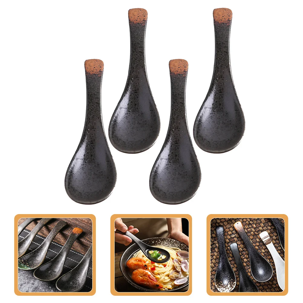 

4Pcs Ceramic Soup Spoons Japanese Design Sturdy Anti-Scalding Dessert Porridge Rice Serving Spoons Japanese Soup Spoon
