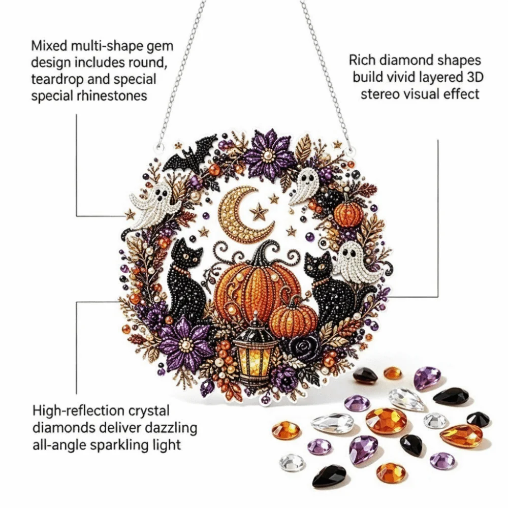 Acrylic Halloween Diamond Painting Kit Round Sparkling Pumpkin Wall Hangings Kit Black Cat with Hanging Chain Ghost Sun Catcher