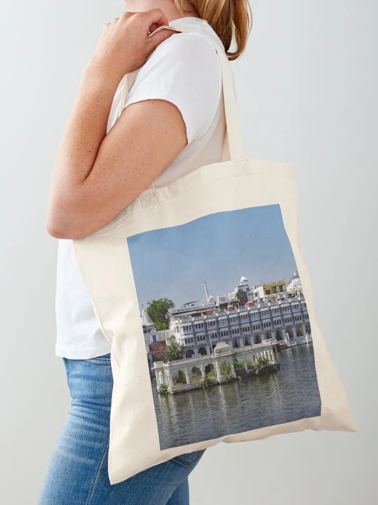 

Hotels on the edge of beautiful lake Pichola in Udaipur, Rajasthan, India Tote Bag Large bags for women shopping cart bags