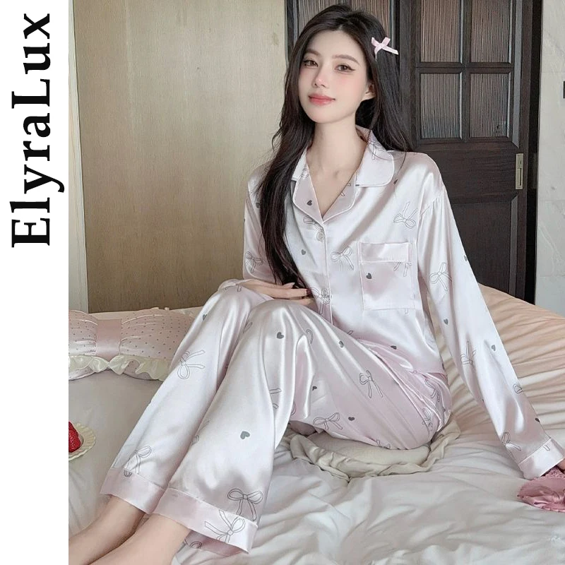 

ElyraLux Women's Long Sleeve Pajama Spring Autumn Sleepwear Set Cute Pink Bow Print Home Cloths Outdoor Wearable Ladies Popular