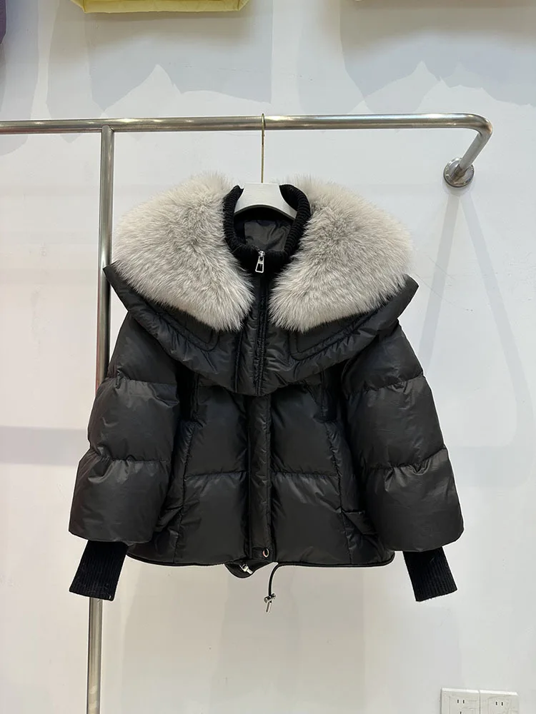 Chaqueta de invierno de piel Real para mujer, abrigo de plumón de ganso blanco, Cuello de piel de zorro de gran tamaño, piel grande, piel gruesa, cálida, nueva moda