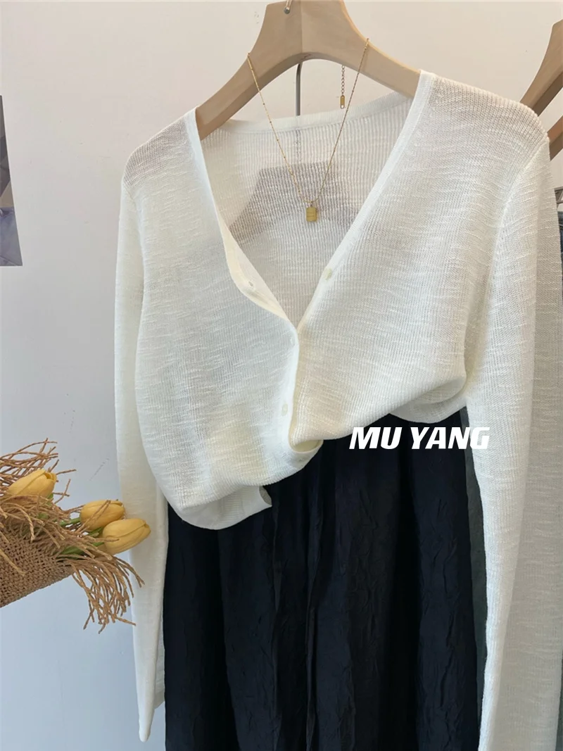 

Cool Sensation Summer Ice Silk Knitted Long Sleeve Women's Open Cardigan Air Conditioning Outerwear Elegant Casual Thin Coat