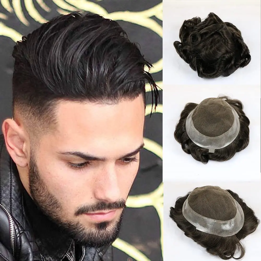 

Toupee For Men Natural Looking Human Hair Fine Lace Men Replacement Hair System PU Poly Skin Around Durable Wig Hairpiece