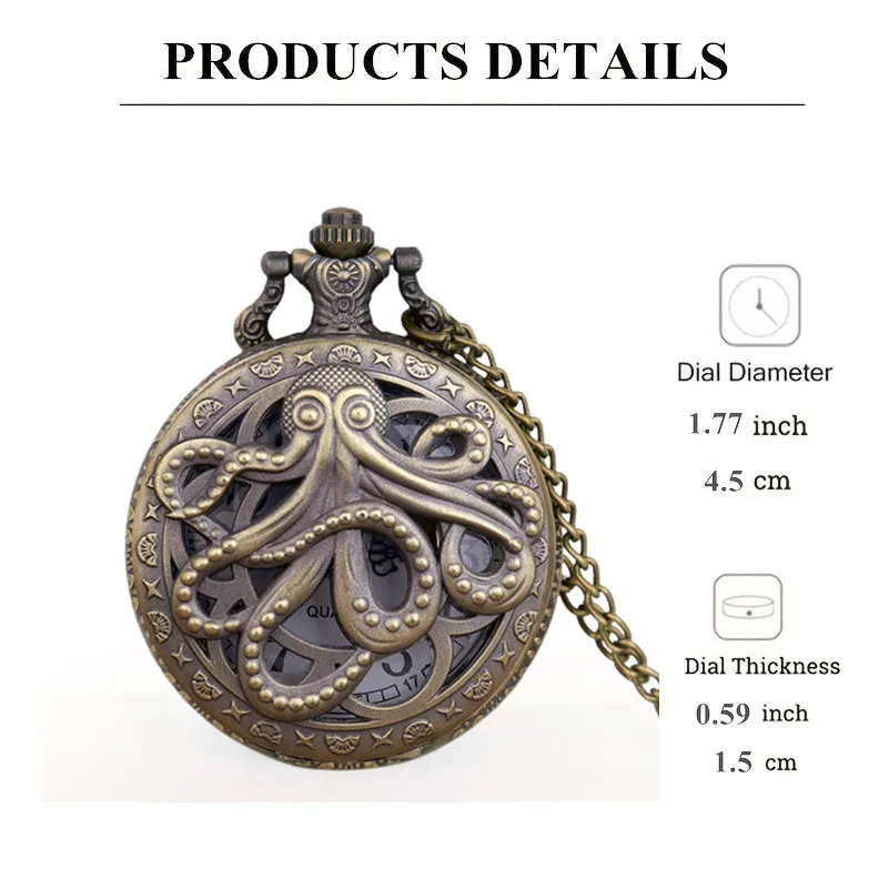 Retro Black & Bronze Octopus Quartz Pocket Watch With Necklace Chain Gift for Male Women Chronograph Hombre Relojes