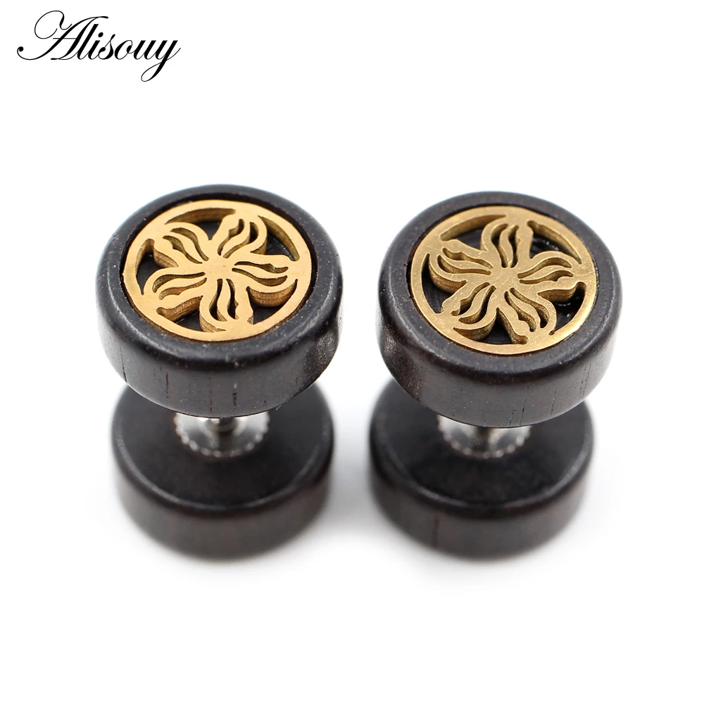 Alisouy 2PCS Stainless Steel Star Flower Natural Wood Punk Ear Stud Earrings Tragus Barbell Fake Ear Plugs Brincos For Men Women