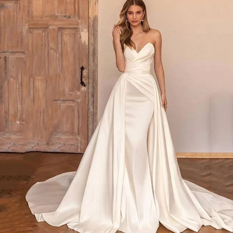 

Sexy Satin Off Shoulder Wedding Dresses With Detachable Train Sweetheart A-Line White/Ivory Bridal Gowns vestidos de novia