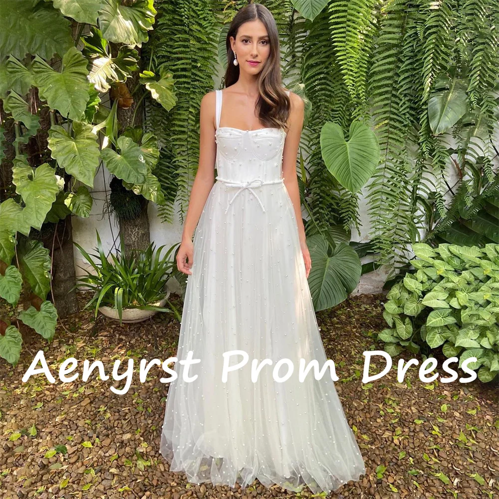 Aenyrst-Elegante Spaghetti Strap A Line Vestidos De Casamento, Vestido Longo De Tule, Pérolas, Trem De Varredura, Vestidos De Noiva Boêmios, 2024