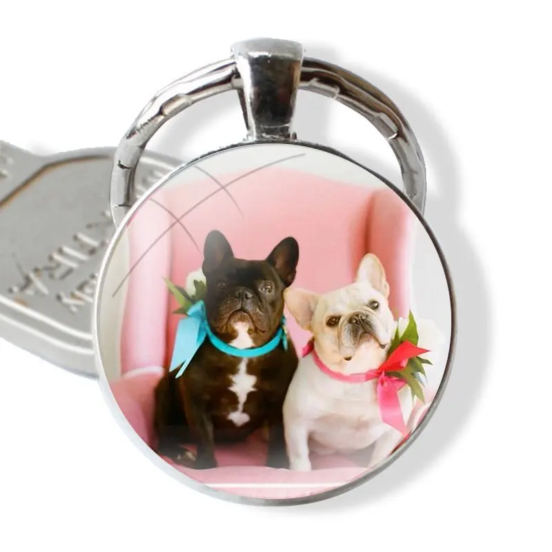 Fashion Creative Cartoon Design French English Bulldog Keychain Handmade Glass Cabochon Key Ring Holder Pendant Key Chains