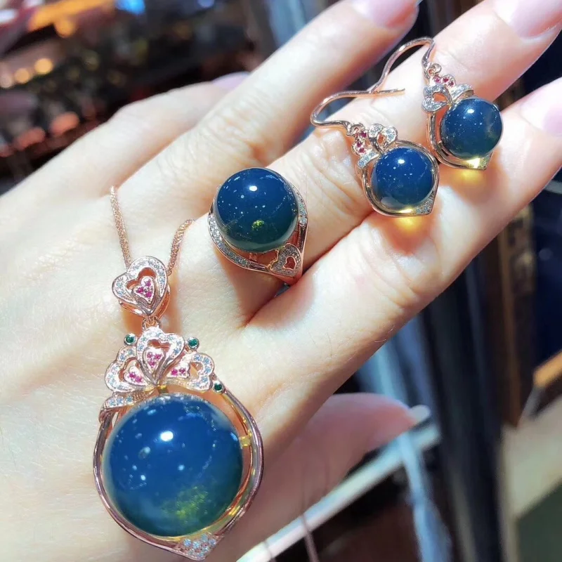 17mm-12mm-9mm Mexican Blue Amber Inlaid S925 Silver Jewelry Set