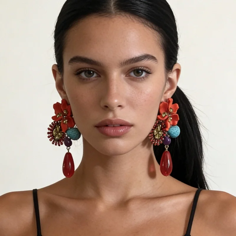 

Bohemian Red Floral Drop Earrings with Beads & Rhinestones Colorful Statement Jewelry for Vacation Party