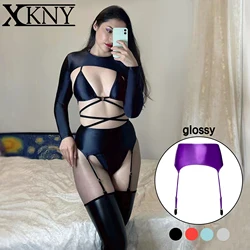 Xckny óleo de seda cinto brilhante sexy apertado clássico estilo liga cinto estilingue sexy meias masculinas e femininas corpo ligado roupa interior