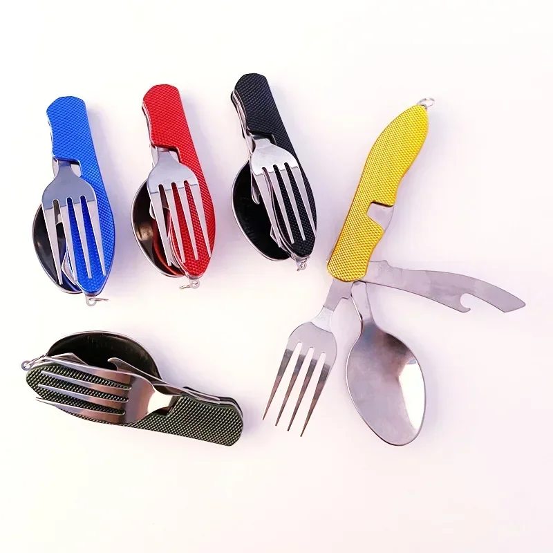 Tablespoon Set 4 In 1 Foldable Spoon Knife Fork Bottle Opener Stainless Steel Folding Pocket Kits Outdoor Tableware Set