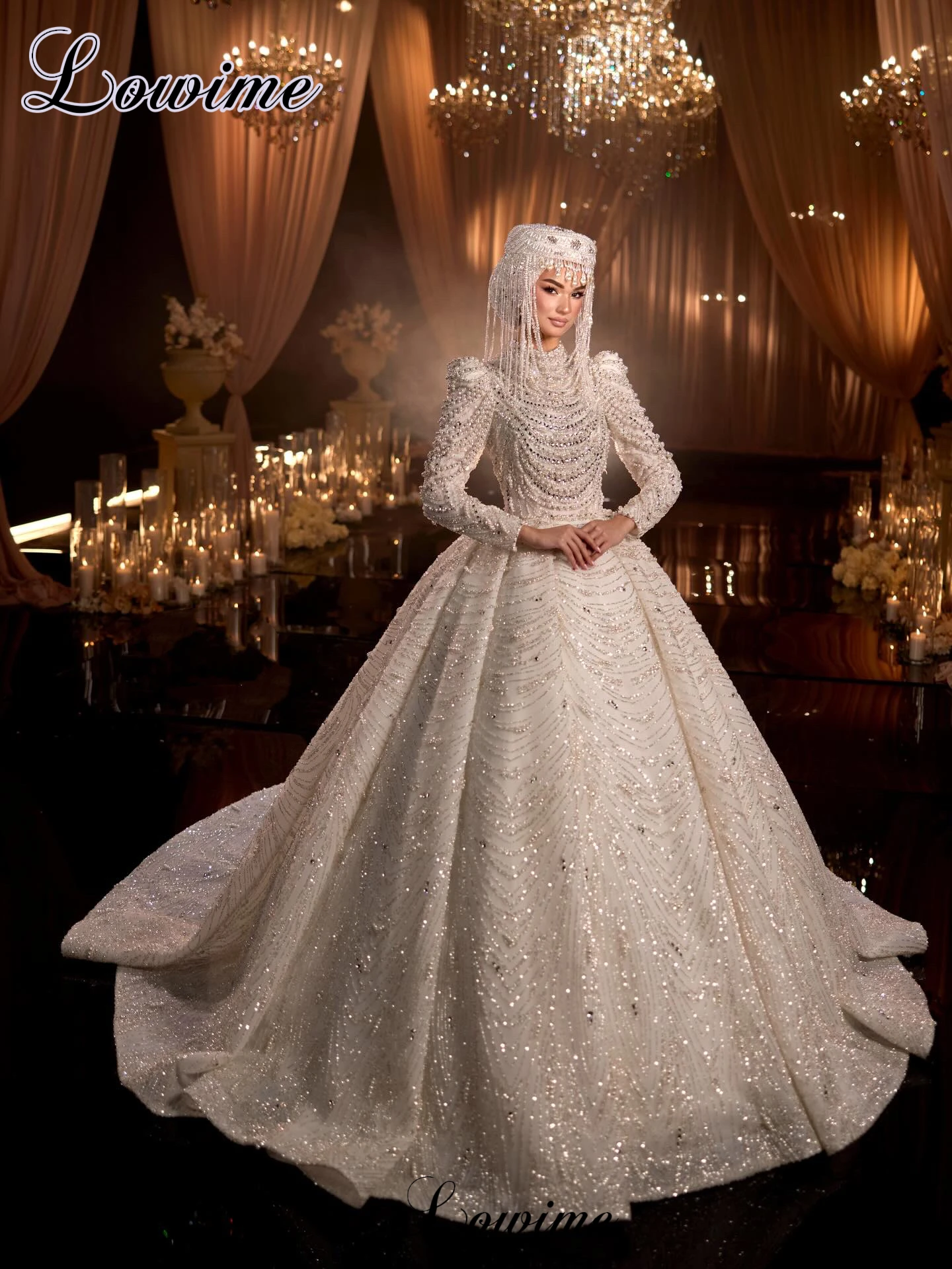 2027 New Luxury Wedding Dresses With Pearls Dubai Long Sleeves Chapel Wedding Gown Elegant Bridal Gown Vestido Blanco Customized