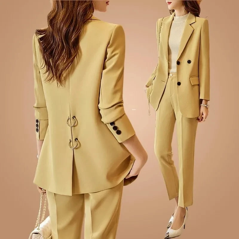 

Yellow Suits Women 2025 Fashion Office Lady Turn Down Collar Single Breasted Blazer High Waisted Pant Suits Sets Spring Autumn