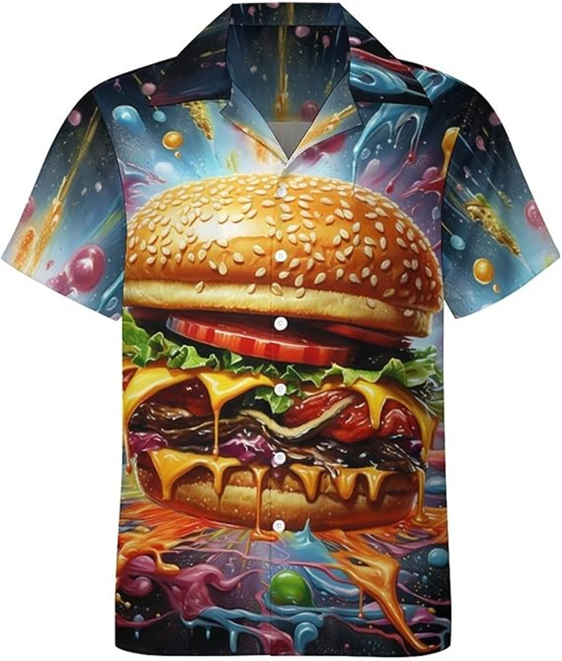 Delicious Burger 3D Print Hawaiian Shirt For Men Women Hamburger Food Pattern Lapel Button Shirt Street Loose Short Sleeve Tops