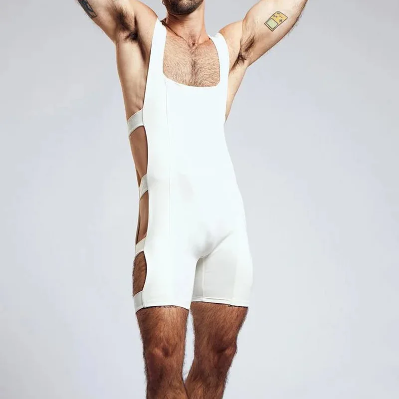 Sexy Hollow Out Slim Elastic Jumpsuits Men Summer Fashion Solid Color Shorts Bodycon Mens Nightwear Stylish Sleeveless Bodysuits