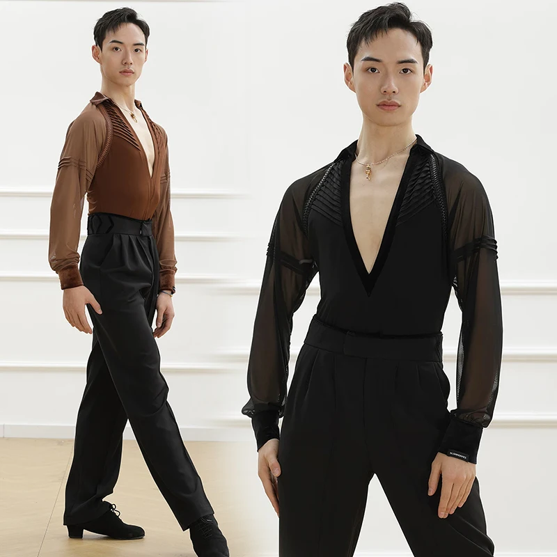 Male Latin Dance Bodysuit Long Sleeve Turn-Down Collar Shirt Men Tango Ballroom Dance Practice Top Performance Costume VDL5260