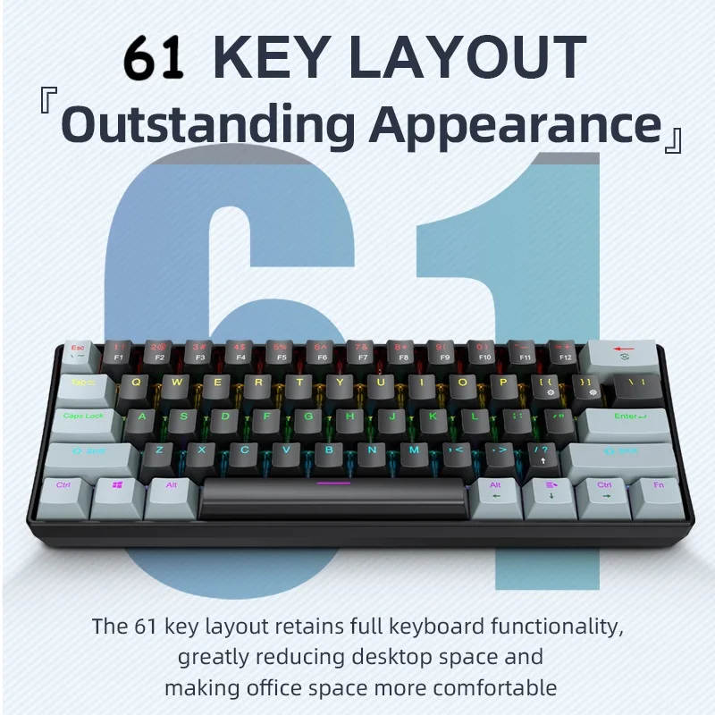 60% Portable Mini Keyboard APAYADO K61 Mechanical Keyboard Wired, 61 Keys RGB Black,White, Red/Blue Switch for Gaming