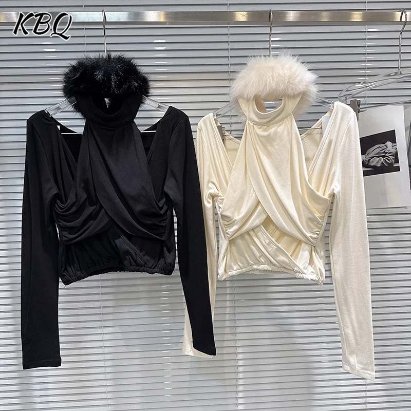 

KBQ Solid Spliced Feather Loose Chic T Shirt for Women Halter Off The Shoulder Sleeve Hollow Out Casual Shirt Female Fashion New