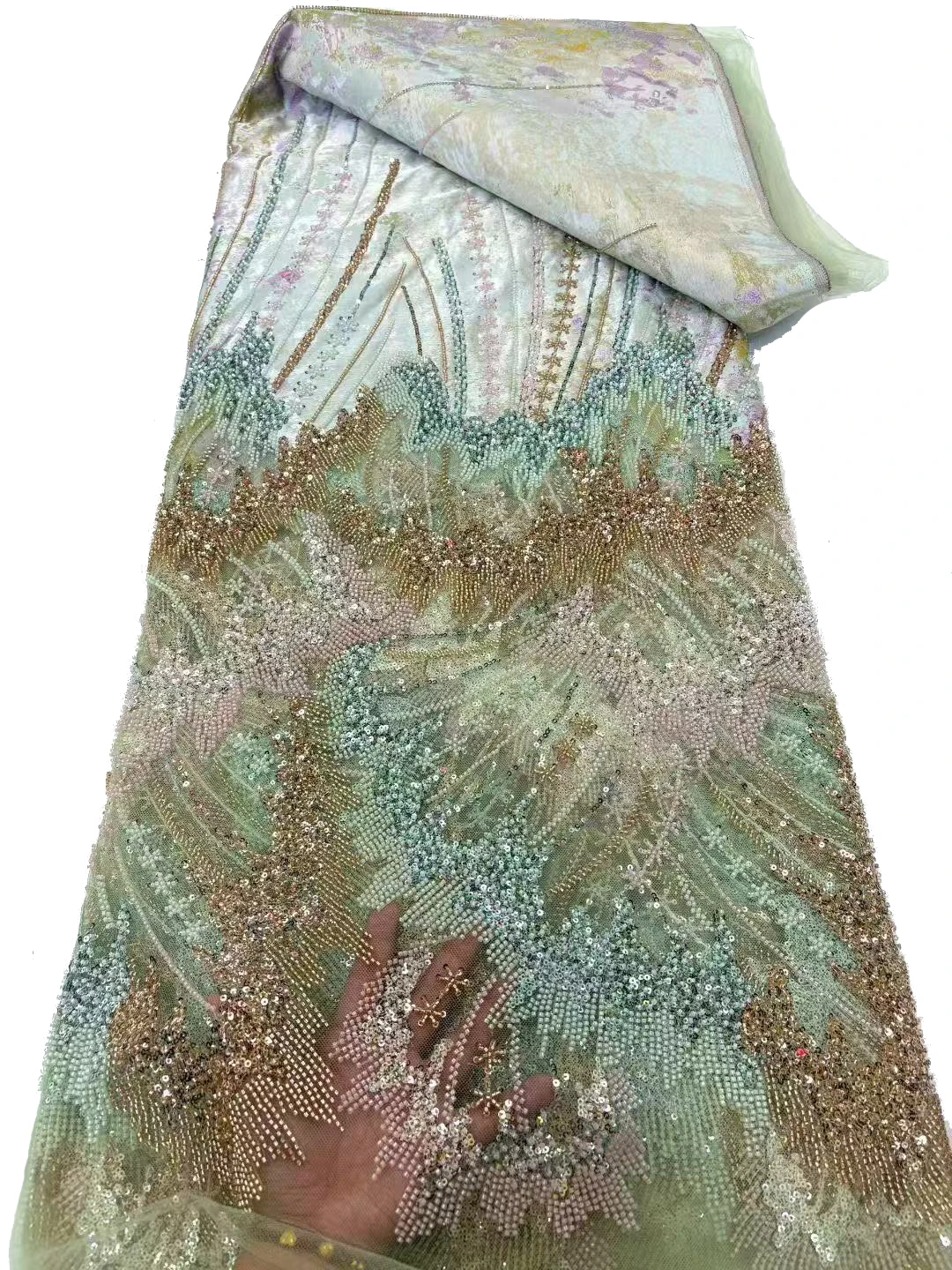 

Exquisite sequins + high-quality beaded lace fabric, Nigerian-style lace design / 5 yards