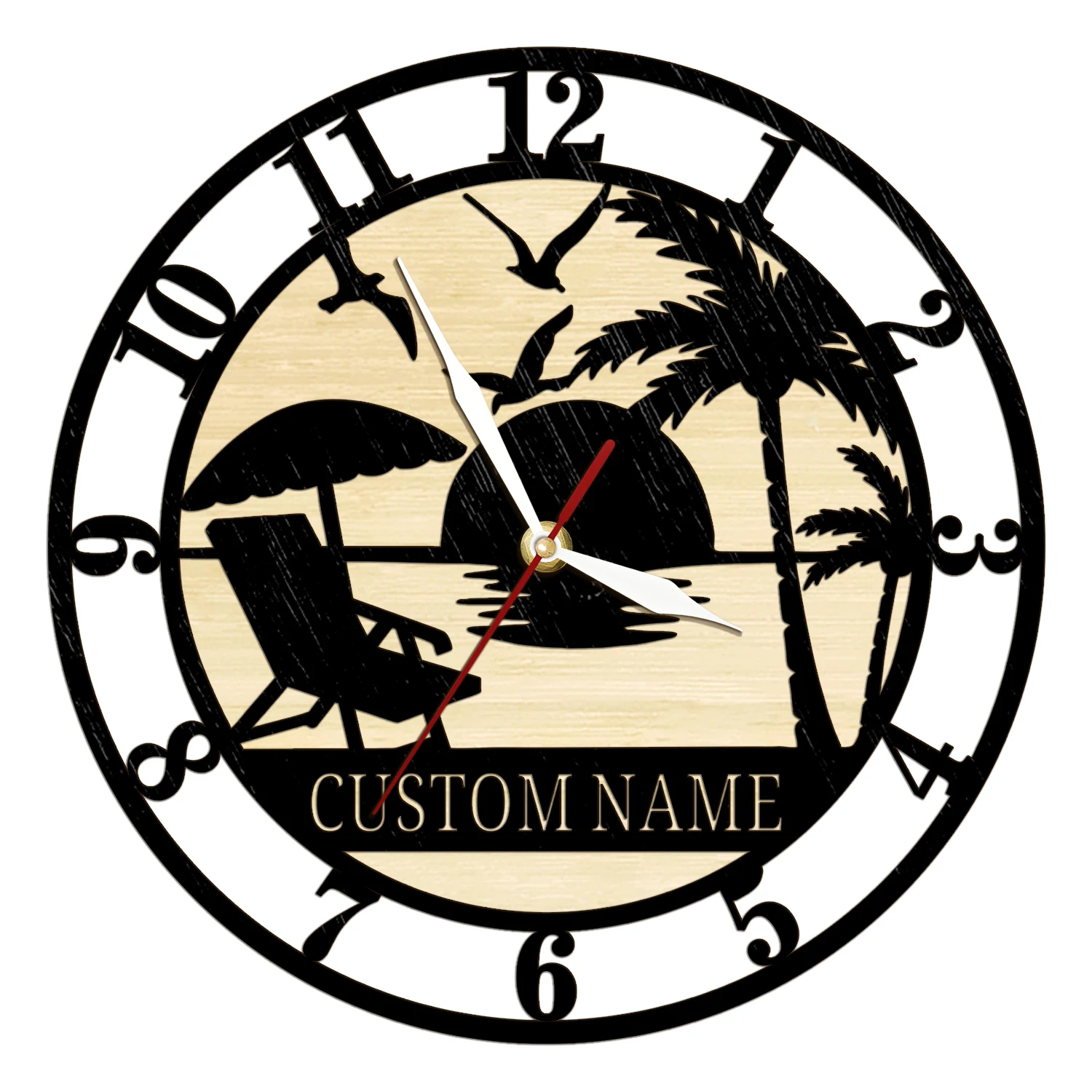 Custom Coastal Beach Scene Rustic Wooden Wall Clock for Lake House Summer Home Decor Beach Monogram Personalized Name Wood Clock