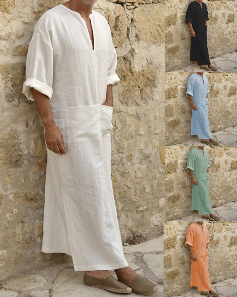 

Plus Size S-5XL Men's Muslim Fashion Robe Casual Cotton/Linen Pockets Loose Long Sleeve Vintage Arab Ethnic Islamic Dress Male