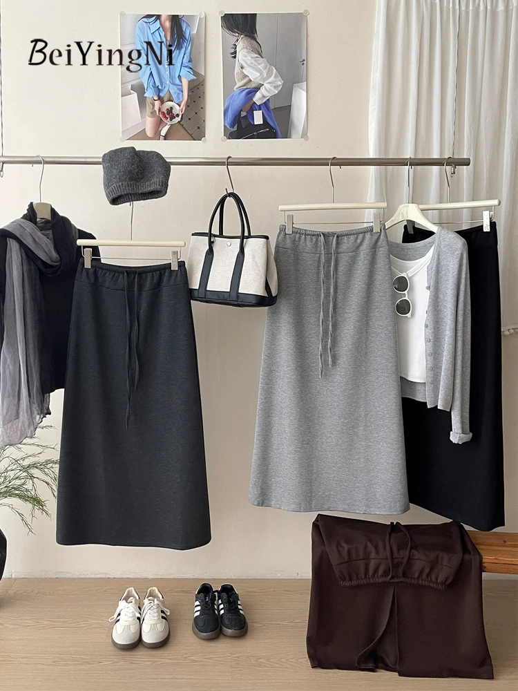 Beiyingni Vintage High-end Women's Maxi Skirts Solid Color Elegant Split Gray A-line Skirt Female Casual OL Long Straight Skirt