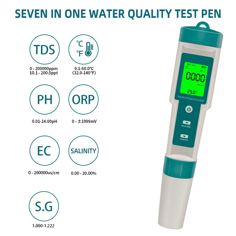 7 in 1 PH/ORP/EC/TEMP/SALT/S.G/TDS LCD Backlight Waterproof IP67 Water Quality Tester Multifunctional Water Quality Test Pen