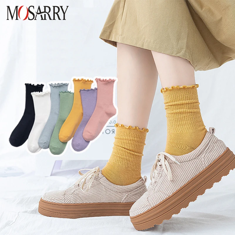 

Middle Tube Women Socks Cotton Solid Comfortable Cute Wavy Edge College Style Girls Socks