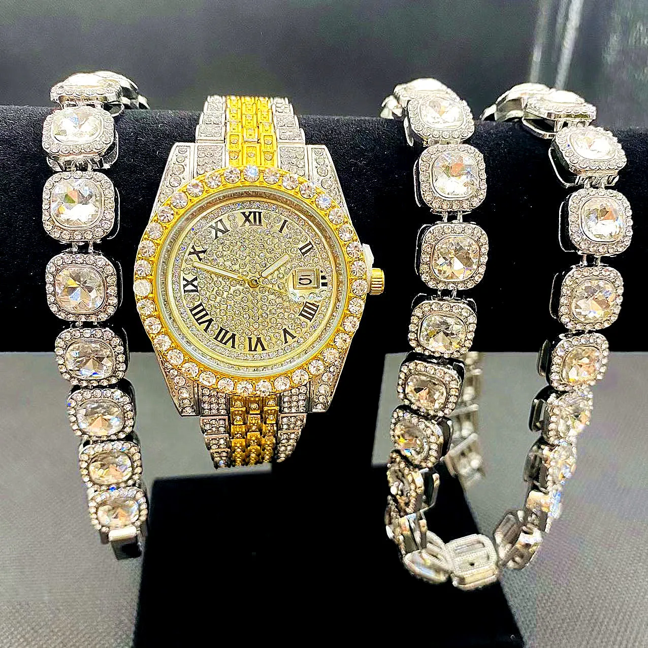 3pcs Full Iced Out Watches Men Gold Chains Bracelet Necklace Red Dial Bling Watch for Men HipHop Jewelry Mens Watch Clocks Set