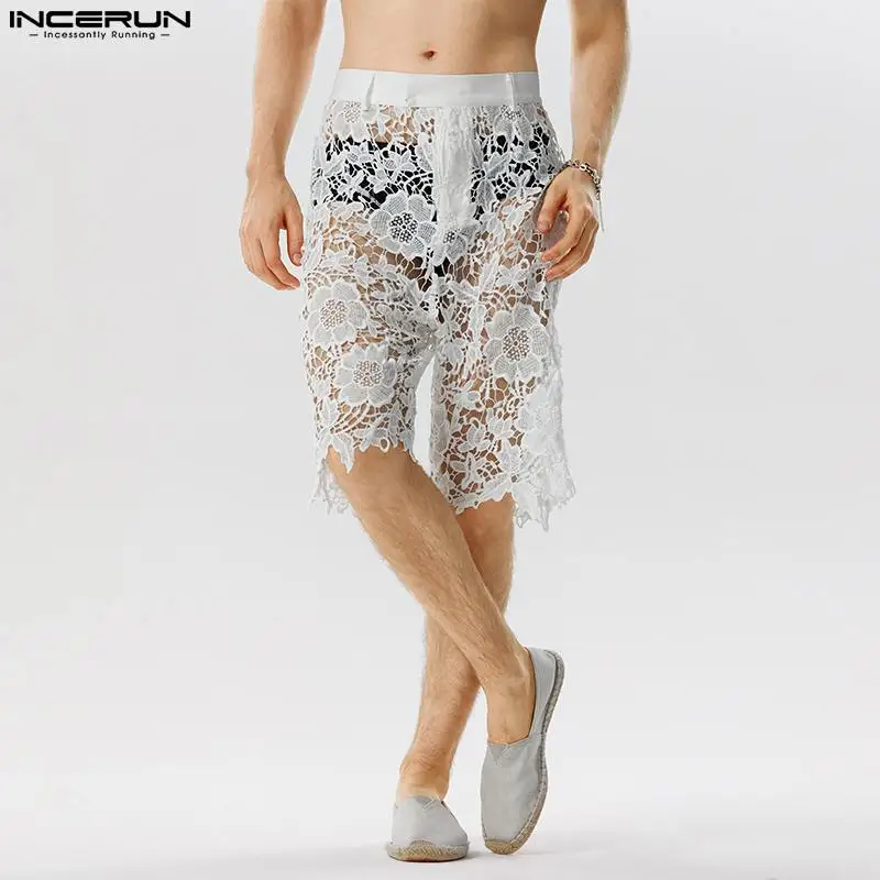 Men Shorts Lace Transparent Sexy Solid Color Zipper Men Bottoms Summer Streetwear 2024 Unisex Fashion Party Shorts S-5XL INCERUN