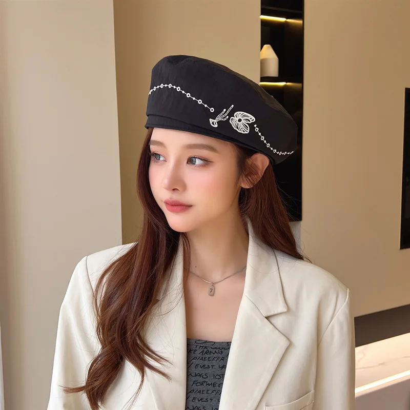 Japanese Retro Bow Streamer Sailor Hat for Women Summer Light and Breathable Versatile Sun Protection Fashion Embroidered Berets