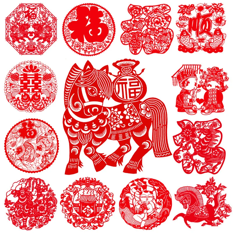 

2026 Chinese New Year Fukuji Year of the Horse New Year Window Decals Chinese Traditional Paper Cutting Window Stickers Red 20cm