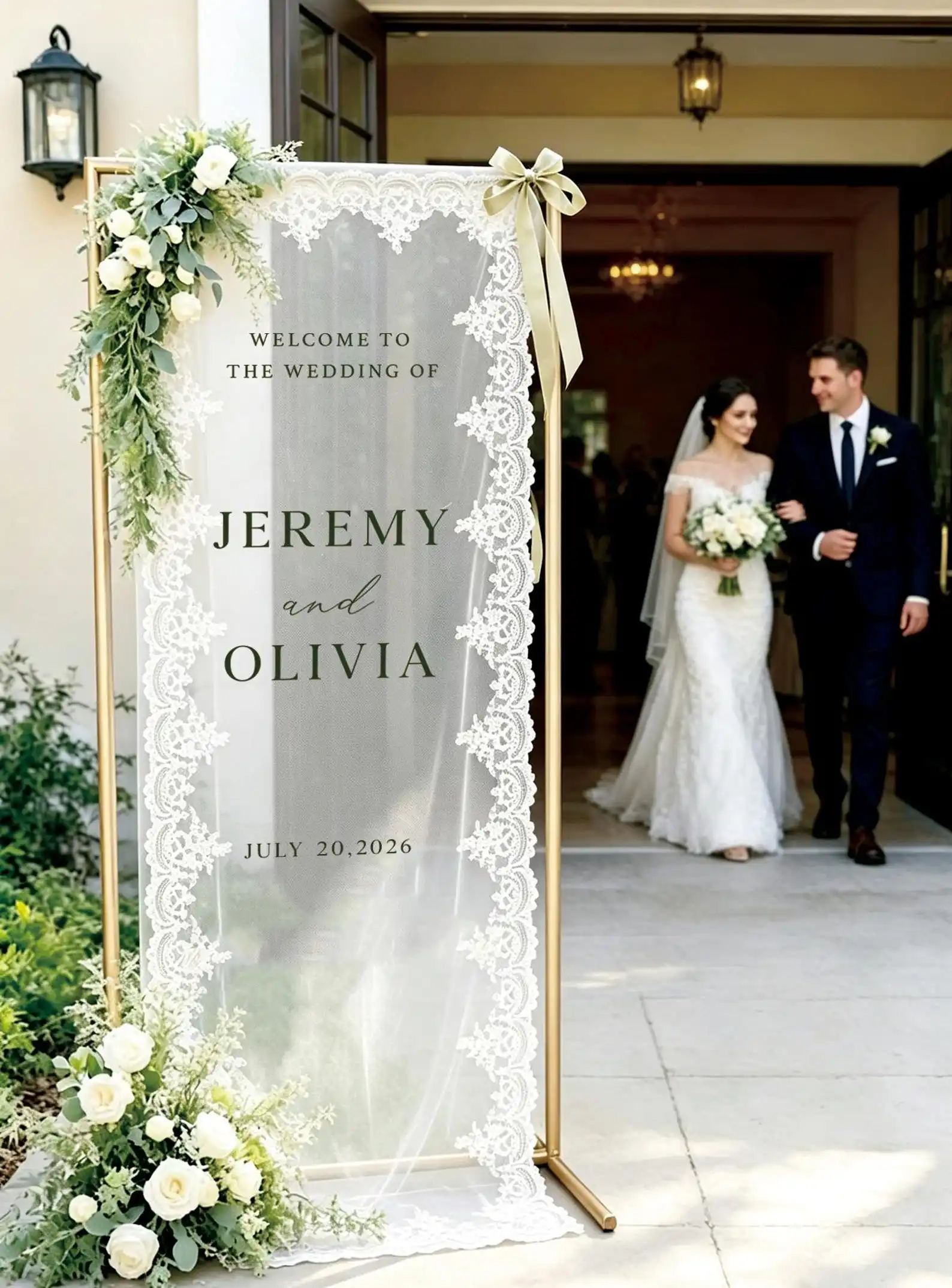 1pc Custom Lace Wedding Welcome Banner, Sheer Tulle Ceremony Banner, Reception Decor Bohemian Style Welcome Backdrop with Ribbon