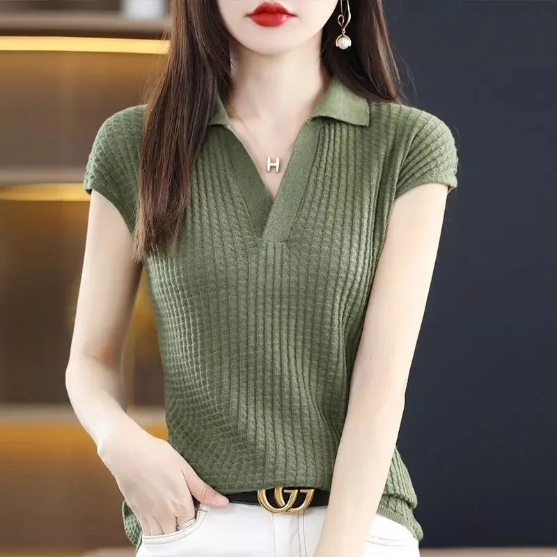 Polo Collar Short Sleeve T-Shirt Women's Summer Loose Short Knitted Shirt 2025 Summer New Women's Llip Ice Silk T-Shirt