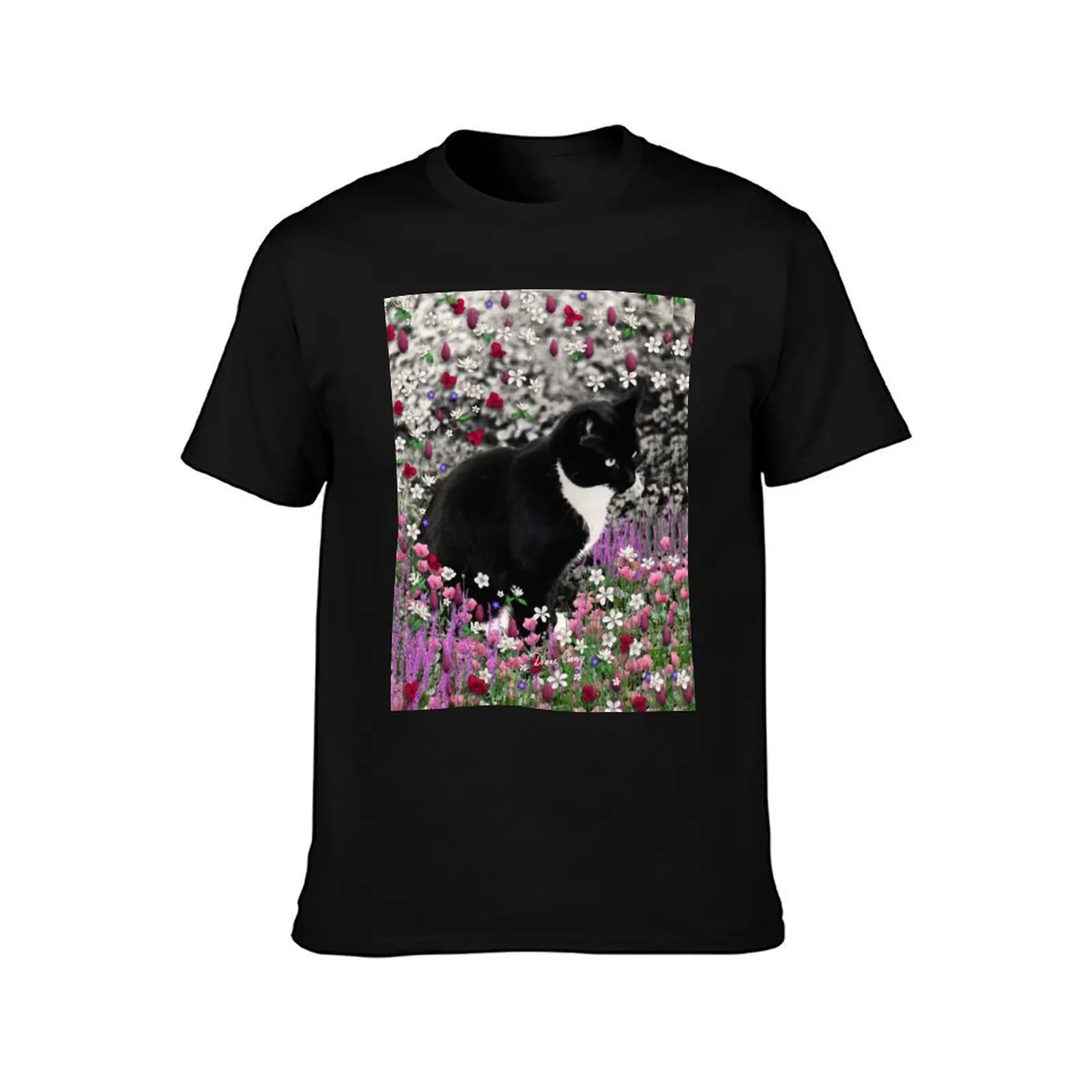 Freckles in Flowers II - Tuxedo Cat T-Shirt Breathable Basic Cotton T-Shirt